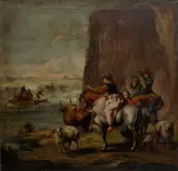 Travellers before a rocky river landscape by Nicolaes Pieterszoon Berchem, oil on canvas, offered Nov 2013
