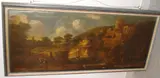 Extensive landscape with river and bridge, buildings and figures, by Dutch School, oil on panel,, sold Nov 2013