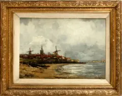 Coastal scene with windmill by Jan van Couver, oil on board, sold Nov 2013