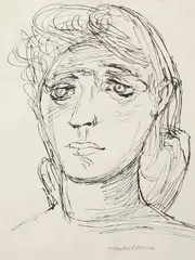 Head study by Jankel Adler, studio stamp (lower right), pen and ink, sold Oct 2013
