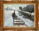 Tug boats on a river by Viktor Sharanovich, sold Oct 2013