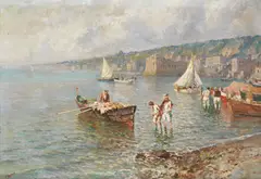A pair of Italian fishing scenes by Pasquale d' Angelo, both signed 'D'ANGELO' (one lower right and the other lower left) oil on canvas, sold Oct 2013