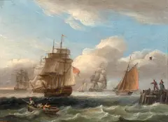 Royal Naval warship and other shipping off the coast in rough seas; and A Warship in a calm (a pair) by Thomas Luny, oil on panel, sold Oct 2013