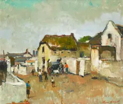 Street scene in Elim Mission by Terence John McCaw, oil on canvasboard, sold Oct 2013