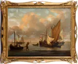 Fishing boats at dusk by Dutch School, oil on canvas, sold Oct 2013