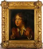 Boy startled at a window by French School, oil on canvas, sold Oct 2013
