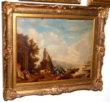 Figures and classical statue on the shores of a lake by Italian School, oil on canvas, sold Oct 2013