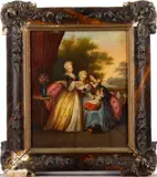 Ladies seated beneath a tree; and another of ladies playing with a child, by Continental School, oil on tin,, sold Oct 2013