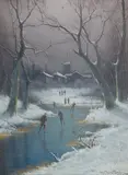 Figures on a frozen lake; Returning home with the setting sun, a pair by Nils Hans Christiansen, oil on board, sold Oct 2013