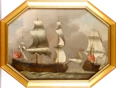 Two English War Ships by Peter Monamy, oil on canvas in an elongated octagonal frame, sold Oct 2013