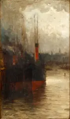 Steamboats by a quay by James Campbell Noble, oil on canvas, sold Aug 2013
