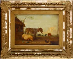 A donkey, a pig and other animals in a farmyard by Edmund Bristow, oil on panel, sold Aug 2013