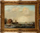 Ice skating scene by Dutch School, oil on canvas, offered Aug 2013