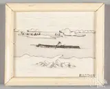 on hide landscape of an Eskimo seal hunt by George Aden Ahgupuk, ink, sold Oct 2020