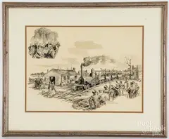 illustration of a train station by Albert Sheldon Pennoyer, ink and watercolor, sold Oct 2020