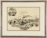 illustration of a train station by Albert Sheldon Pennoyer, ink and watercolor, sold Oct 2020
