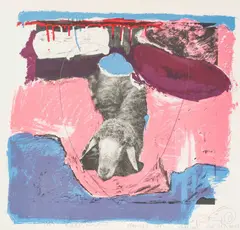 Sheep on Pink by Menashe Kadishman, 1983, lithograph, sold Jun 2021