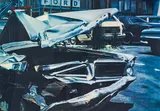 Crashed Bonneville by John Salt, c. 1980, offset lithograph, sold Jun 2021