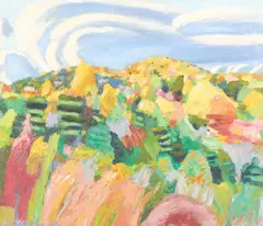 Colorful Landscape by Michael Patterson, 1981, oil on canvas, sold Jul 2021