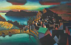 Untitled (Sunset Village) by Michael Patterson, 1989, oil on canvas, sold Jul 2021
