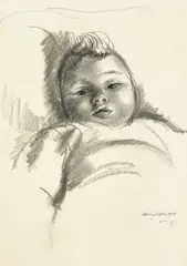 Portrait of an infant by Clara Klinghoffer, 1955, charcoal on paper hinged to mat, sold Jul 2021