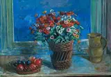Zinnias And Fruit by Margaret Olley, c.1973, oil on composition board, sold Aug 2008