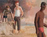 Three Youths by Jeffrey Smart, 1950S, oil on paper on board, sold Aug 2008