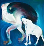 Black Haired Woman Holding Handkerchief With Crying Dog by Arthur Boyd, 1983, oil on canvas, sold Aug 2008