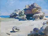 London Bridge Rock, Back Beach, Portsea by Penleigh Boyd, 1920, oil on academy board, sold Aug 2008