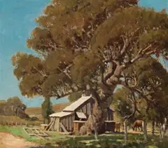 Landscape by Robert E. Taylor-Ghee, oil on card (monochrome watercolour sketch of landscape verso), offered Aug 2008