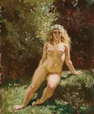 Nude In A Garden by Norman Lindsay, oil on canvas on board, sold Nov 2008