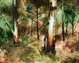 Parrots In Flight by Albert Tucker, c.1967, oil and mixed media on composition board, sold Nov 2008