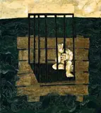 Man In A Cage by Leonard French, 1970, enamel and mixed media on hessian on board, offered Nov 2008