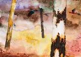Parrots In Flight by Albert Tucker, mixed media on paper on board, sold Nov 2008
