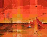 Red Landscape by Lawrence Daws, c.1957, oil on board, sold Nov 2008