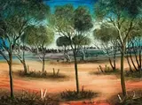 Landscape With Emus by Pro Hart, 1984, oil on composition board, sold Nov 2008