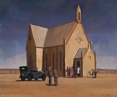 Sunday Morning Service by Jeffrey Smart, 1945, oil on canvas, sold Apr 2009