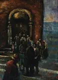 The Food Queue by James V Wigley, 1946, oil on canvas, sold Apr 2009