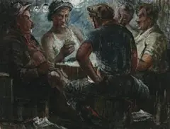 Card Players by Jacqueline Hick, 1949, oil on hessian, sold Apr 2009