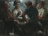 Card Players by Jacqueline Hick, 1949, oil on hessian, sold Apr 2009