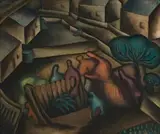 Neighbours (Evening) by David Edgar Strachan, 1939, oil on board, sold Apr 2009