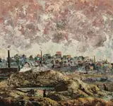 Figures In A Landscape, Dudley Flat by Sam Fullbrook, 1946, oil on canvas, sold Apr 2009