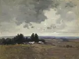 Rural Landscape With Farm Buildings by Penleigh Boyd, 1920, oil on canvas board, offered Apr 2009
