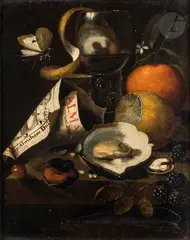 Nature morte aux agrumes et tabac by Martin Nellius, Panneau de chêne, une planche, non parqueté, peint au revers, sold Mar 2024