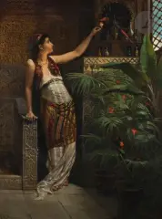 Jeune femme orientale nourrissant un perroquet by Vincent G. Stiepevich, Toile, sold Mar 2024