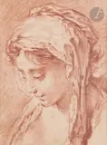 Jeune femme la tête penchée à gauche, coiffée d’un fichu by François Boucher, Sanguine, sold Mar 2024