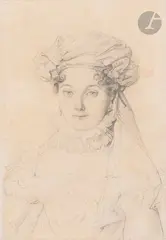Portrait de femme en buste, coiffée d’un madras by Jean-Auguste-Dominique Ingres, Crayon noir, sold Mar 2024