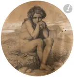 Italien devant les ruines antiques by Gustave Boulanger, 1850, Crayon noir, estompe et rehauts de gouache blanche, sold Mar 2024