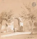 Arles by François-Edme Ricois, 1855, Encre brune, lavis brun et rehauts de gouache blanche, sold Mar 2024