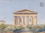 Vue du temple de Neptune à Paestum by Gustave Bourgerel, 1843, Aquarelle sur traits de crayon noir et quelques rehauts de gouache blanche dans le bas, sold Mar 2024